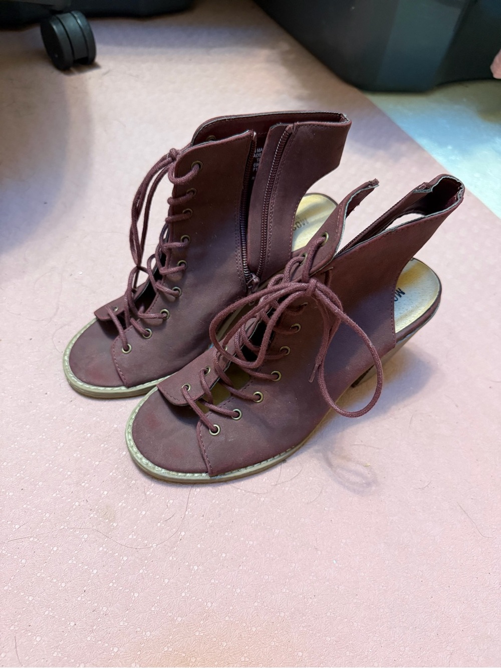 Women's Lace-Up Peep-Toe Booties in Burgundy